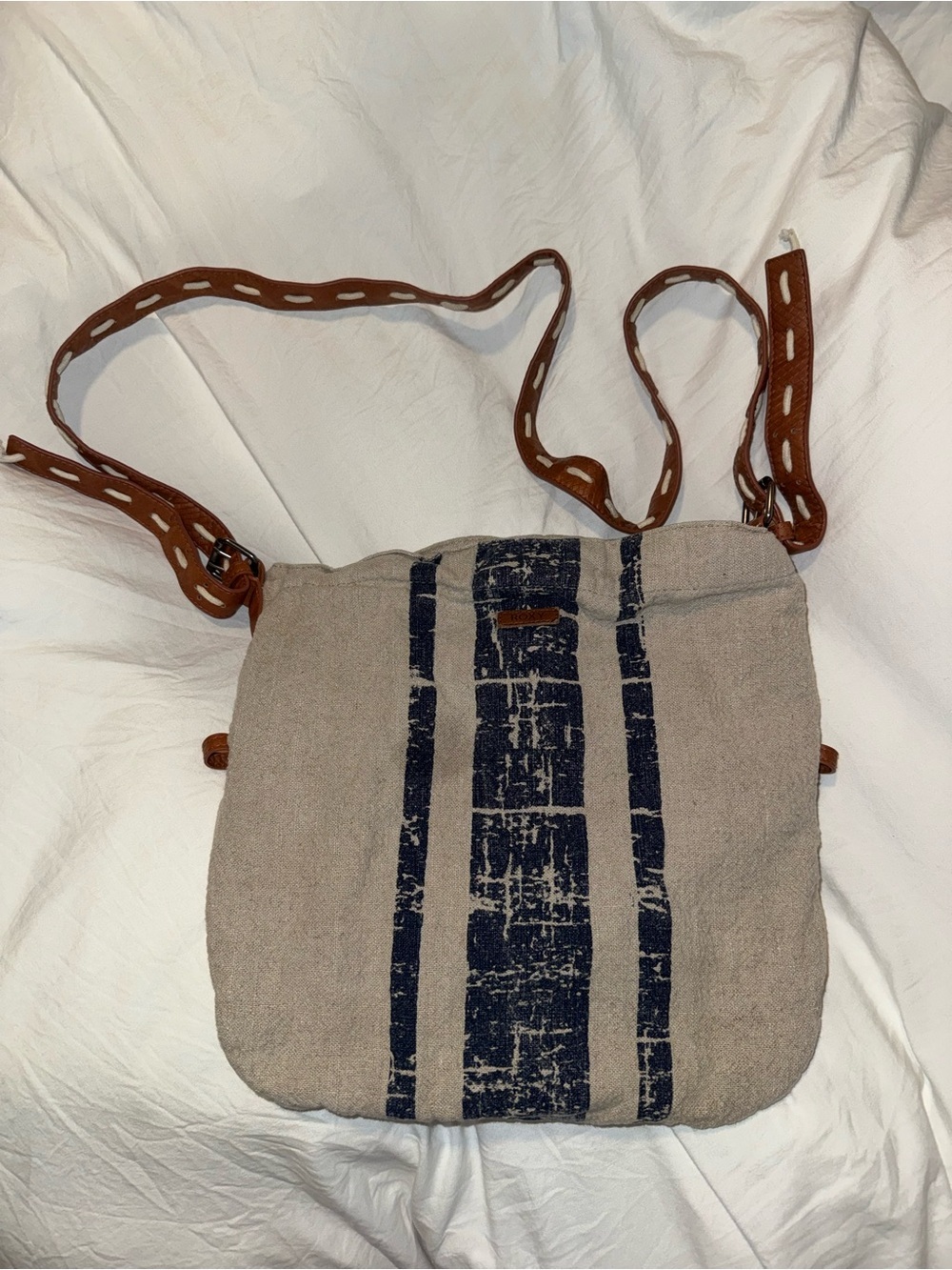 Roxy Beige Canvas Crossbody with Navy Stripes and Brown Strap